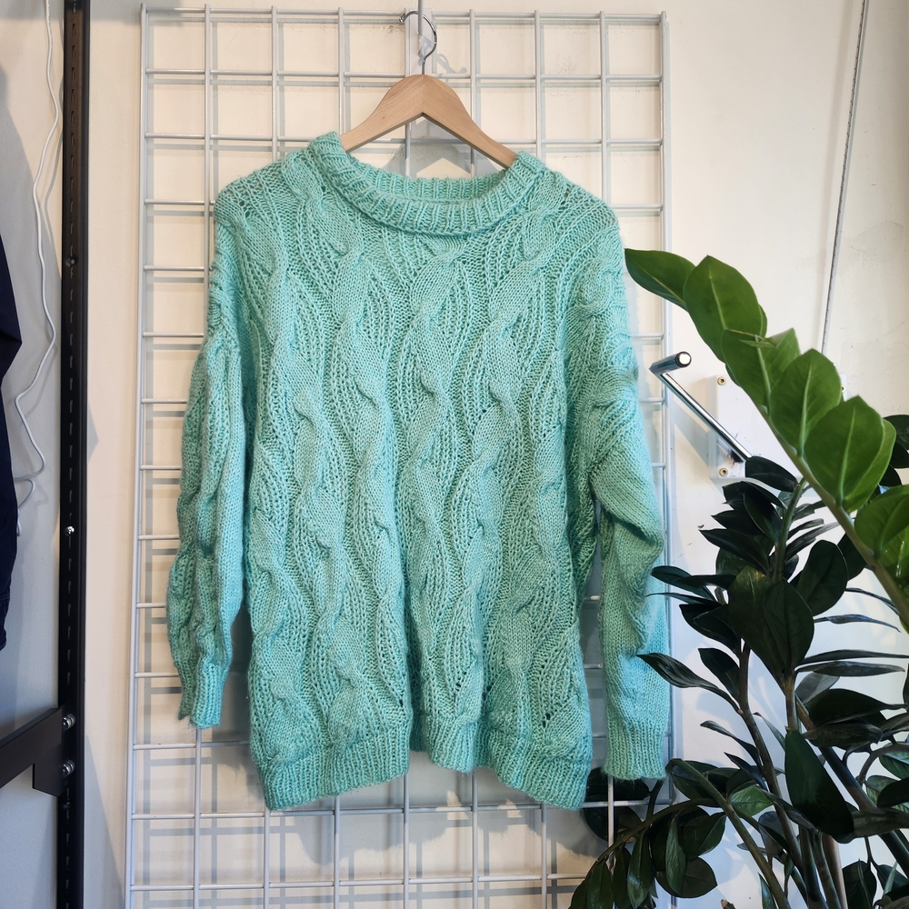 80s Vintage Teal Cable Knit Sweater Grandmacore CHUNKY oversized